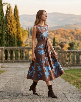 Gera Dress in Rich Espresso Decorated in a Striking Blue Embroidery Detailing