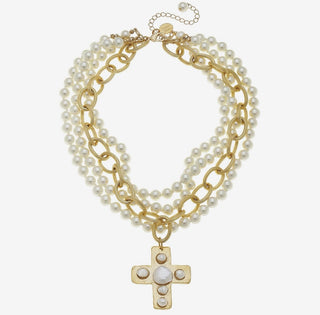Multi Strand Gold Cross Pearl Necklace