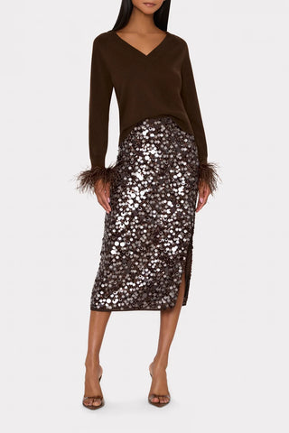 Feather Cuff V-Neck Sweater