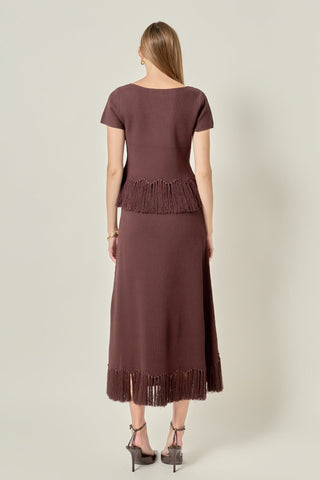 Fringe Hem Knit Midi Skirt
