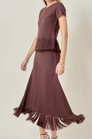 Fringe Hem Knit Midi Skirt
