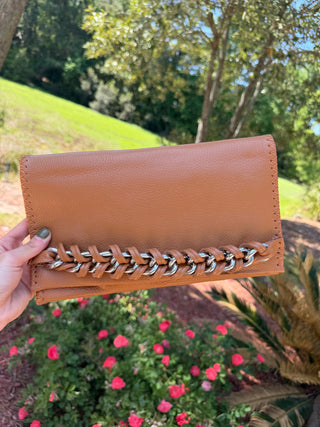 Leather Chain Clutch - Camel