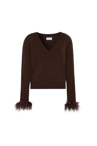 Feather Cuff V-Neck Sweater