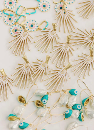 White Sunburst Drop Earrings