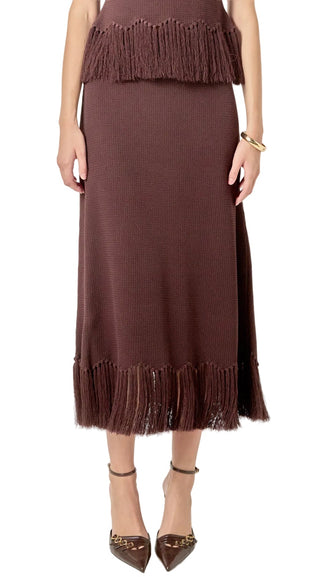 Fringe Hem Knit Midi Skirt