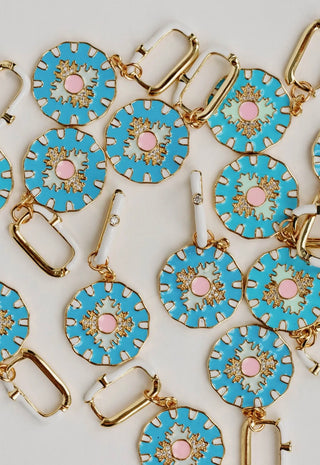 Blue Capri Tile Enamel Charm Statement Earrings