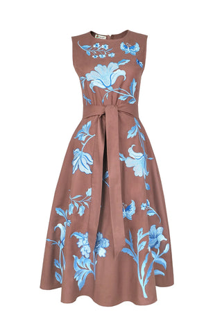 Gera Dress in Rich Espresso Decorated in a Striking Blue Embroidery Detailing