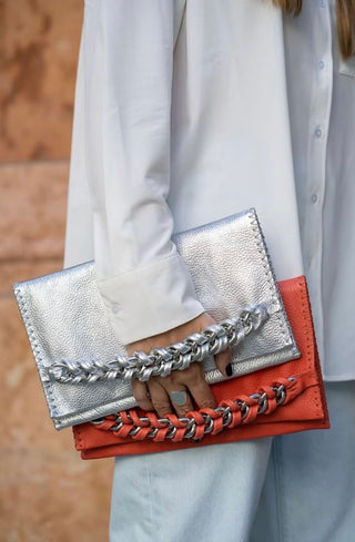 Leather Chain Clutch - Coral