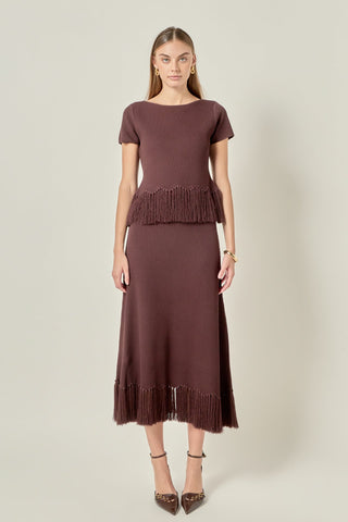 Fringe Hem Knit Midi Skirt