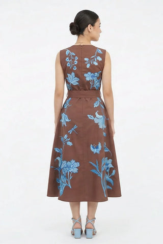 Gera Dress in Rich Espresso Decorated in a Striking Blue Embroidery Detailing