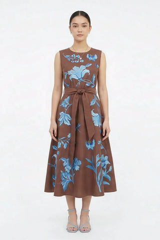 Gera Dress in Rich Espresso Decorated in a Striking Blue Embroidery Detailing