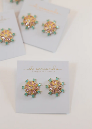 Pink and Turquoise Sparkling Sand Dollar Stud Earrings