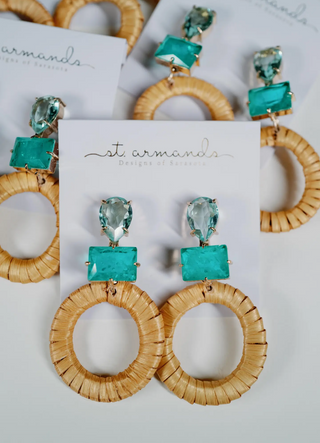 Turquoise Rattan Circle Drop Statement Earrings