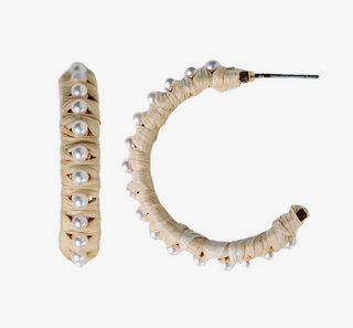 Natural Studded Pearl Raffia Statement Hoop Earrings