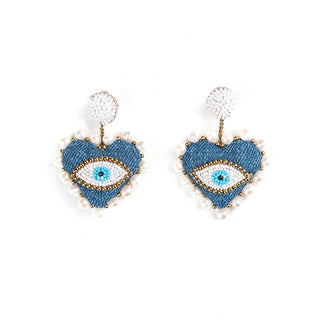 Denim evil eye earrings
