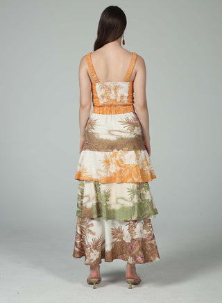 Serenity Colorful Leaf Three Tiered Maxi Dress