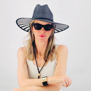 Black Sun Hat - Black/White Stripe Blue Rope