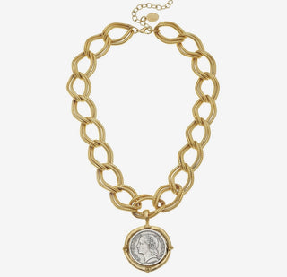 Gold & Silver Coin on Gold Chain Necklace